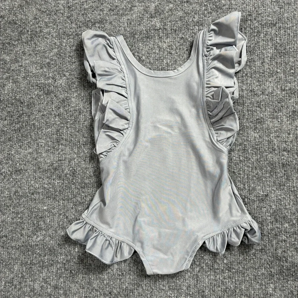 Baby Girl One Piece Swimsuit Ruffle Sleeve Bathing Suit Silver/Grey